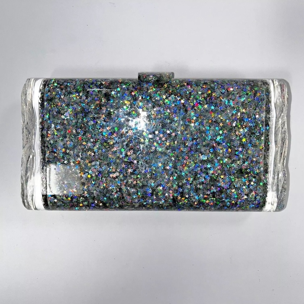 EDIE PARKER STAR GLITTER ACRYLIC CLUTCH, SILVER RAINBOW
